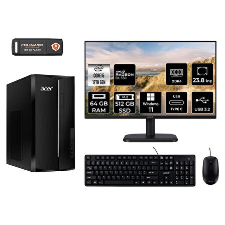 Acer Aspire TC1760 i5 12400 64GB 512GB SSD RX550/4GB W11H DT.BHUEM.005 MASAÜSTÜ PC & 23.8" MONİTÖR