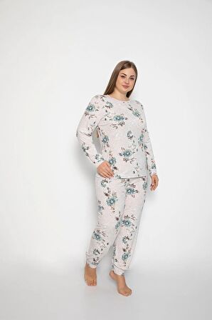 Kadın Büyük Beden Kahve Malenj Renk Viskon Likralı Pijama Takımı