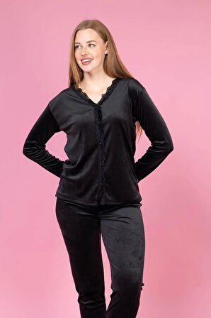 Kadın Önden Düğmeli Kadife Dantel Yaka Detaylı, Çeyizlik Siyah Pijama Takımı