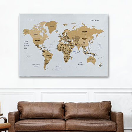 Harita Sepeti Türkçe Dünya Haritası Dekoratif Kanvas Tablo Ülke ve Başkentli 1548