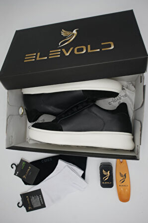 Elevold MAN Erkek Hakiki Deri 7 cm Boy Uzatan Siyah-Beyaz Spor Ayakkabı