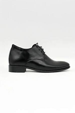 Alfa %100 Deri Siyah Damatlık Erkek Ayakkabı 7 Cm Gizli Topuklu Boy Uzatan (EL YAPIMI)