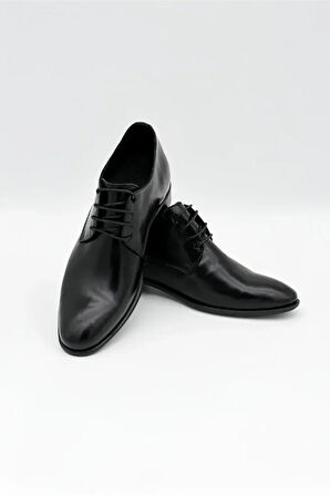 Alfa %100 Deri Siyah Damatlık Erkek Ayakkabı 7 Cm Gizli Topuklu Boy Uzatan (EL YAPIMI)