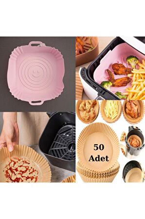 Airfryer Silikon Kare Pişirme Kabı Ve Air Fryer Pişirme Kağıdı 50 Adet Tek Kullanımlık Tabak Pembe