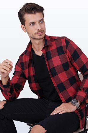 Kırmızı Siyah Dama Desenli Slimfit Oduncu Gömlek