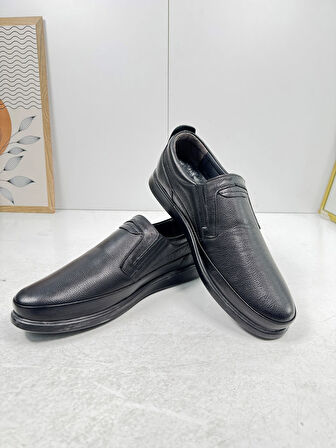 Günlük Siyah Erkek İçi Dışı Hakiki Deri Makosen Bağcıksız Kışlık Casual Ayakkabı 155