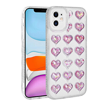 Smcase iPhone 11 Kılıf Kamera Korumalı Kalp Desenli Simli Silikon 