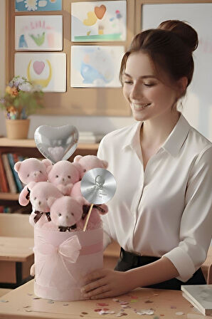 Öğretmen'e Hediye: Atatürk Temalı Aynalı Pembe Kalpli Kutuda, Kalpli Balonlu 6’lı Pembe Ayıcık Buketi - 24 Kasım Öğretmenler Günü Hediyesi