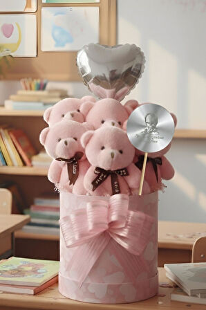 Öğretmen'e Hediye: Atatürk Temalı Aynalı Pembe Kalpli Kutuda, Kalpli Balonlu 6’lı Pembe Ayıcık Buketi - 24 Kasım Öğretmenler Günü Hediyesi