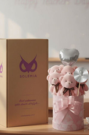 Öğretmen'e Hediye: Atatürk Temalı Aynalı Pembe Kalpli Kutuda, Kalpli Balonlu 6’lı Pembe Ayıcık Buketi - 24 Kasım Öğretmenler Günü Hediyesi