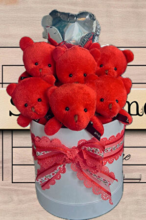 Premium Silindir Hediye Kutusunda, Kalpli Balonlu 6’lı Kırmızı Ayıcık Buketi