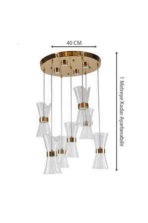 Lüks Gold Kuşaklı 7'lı Fiyonk Formlu Pleksi Camlı Modern Sarkıt Avize