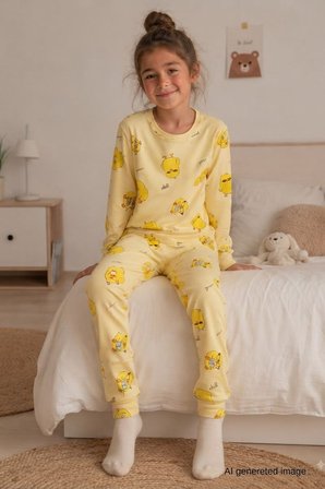 Kız Çocuk Yeni sezon Pamuklu  Desenli Pijama Takım TKM1021