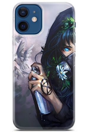 Apple iPhone 12 Mini uyumlu Girls 28 Baskılı Kapak Spray Boya ve Güvercinler