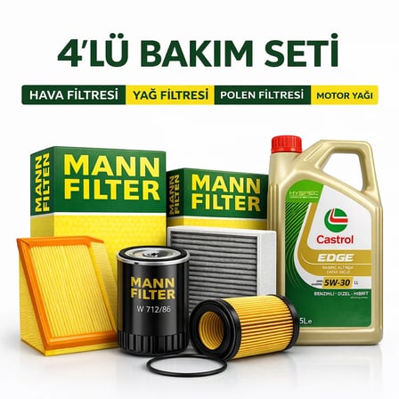 MANN Peugeot 308 1.6 BlueHDi Dizel Castrol Edge 5W-30 Motor Yağı Filtre Seti (2014-2018) 4 Lü