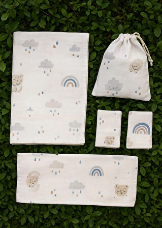 Müslin Bezi Bebek Set 6 Parça 100 % pamuklu bulut filli 