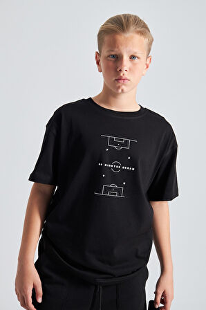 Futbol Sahası Desenli %100 Pamuk Erkek Çocuk  Oversize Tişört