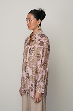 KADIN PUDRA RENK GÜL DESENLİ OVERSİZE KESİM GÖMLEK