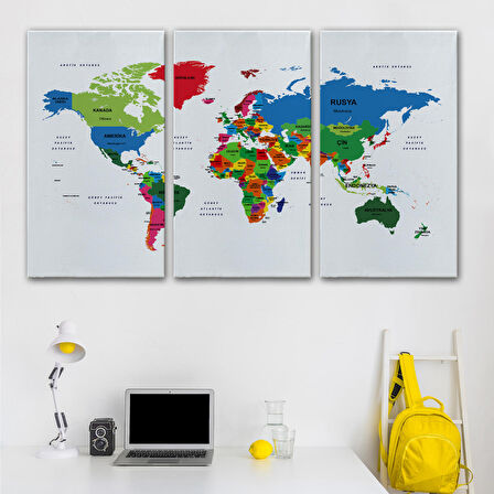 Harita Sepeti Türkçe Dünya Haritası Dekoratif Kanvas Tablo Ülke ve Başkentli 1556