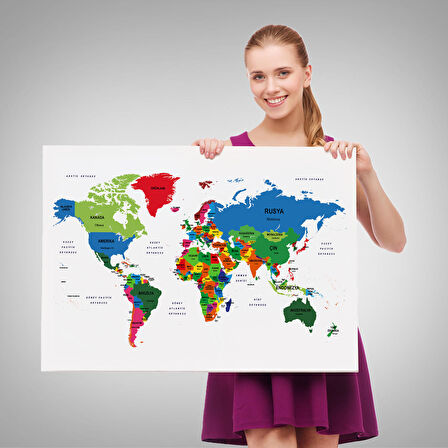 Harita Sepeti Türkçe Dünya Haritası Dekoratif Kanvas Tablo Ülke ve Başkentli 1556