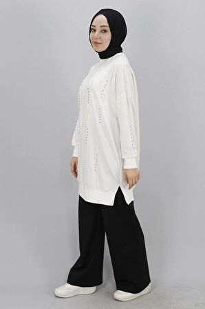 Puane Taş Detaylı 2 İp Kumaş Sweatshirt