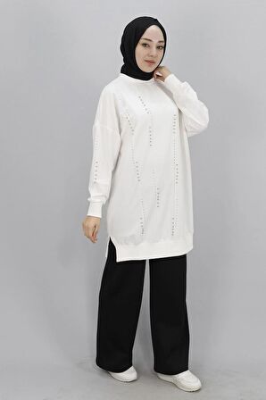 Puane Taş Detaylı 2 İp Kumaş Sweatshirt