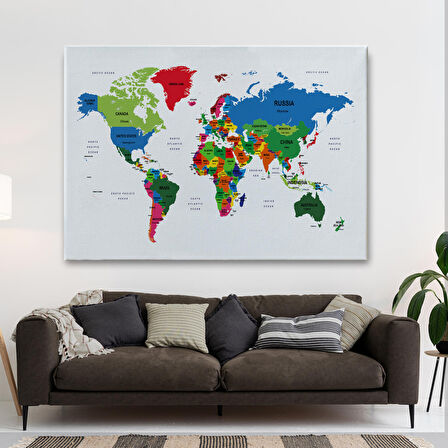 Harita Sepeti Dünya Haritası Dekoratif Kanvas Tablo Ülke ve Başkentli 1557