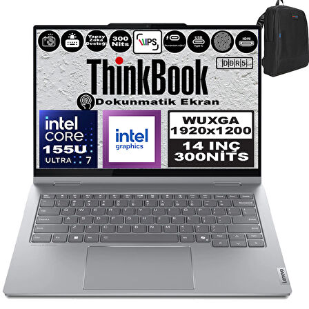 Lenovo Thinkbook 14 2-In-1 G4 Iml Intel Core Ultra 7 155U 96GB Ddr5 4tb SSD 14" Dokunmatik Wuxga 300NITS IPS Freedos Taşınabilir Bilgisayar 21MX002VTRF34 + Zetta Çanta