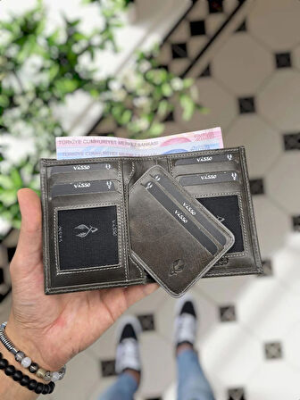 VİSSO 155 Siyah HAKİKİ DERİ İSME ÖZEL YAVRU GEÇME KARTLIKLI KADIN ERKEK CÜZDAN Çanta Erkek Kadın Gri Crayz