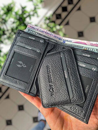 VİSSO 155 Siyah HAKİKİ DERİ İSME ÖZEL YAVRU GEÇME KARTLIKLI KADIN ERKEK CÜZDAN Çanta Erkek Kadın  Siyah Gutty