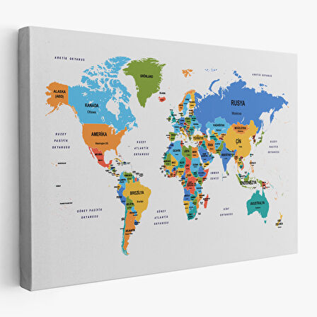 Harita Sepeti Türkçe Dünya Haritası Dekoratif Kanvas Tablo Ülke ve Başkentli 1560