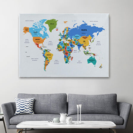 Harita Sepeti Türkçe Dünya Haritası Dekoratif Kanvas Tablo Ülke ve Başkentli 1560