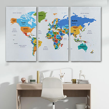 Harita Sepeti Türkçe Dünya Haritası Dekoratif Kanvas Tablo Ülke ve Başkentli 1560