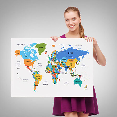 Harita Sepeti Türkçe Dünya Haritası Dekoratif Kanvas Tablo Ülke ve Başkentli 1560