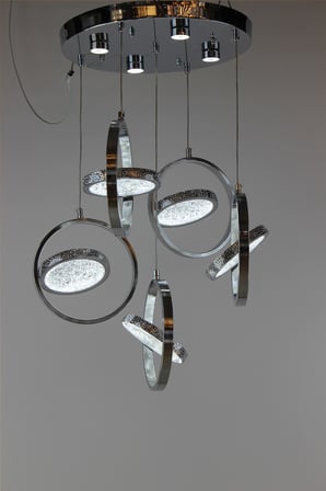 Lüks Krom Kaplama 5li İç İçe Halka Figürlü Kristal Dokulu Modern Sarkıt