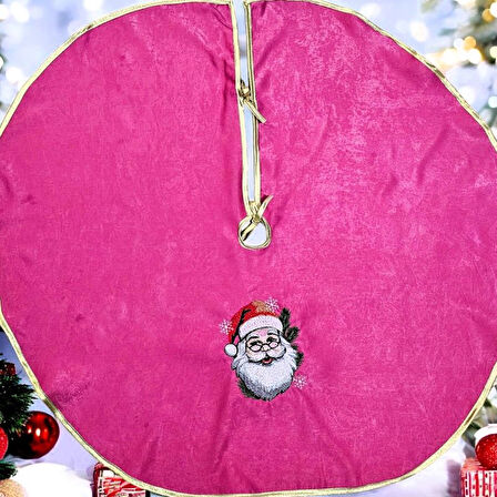 PEMBE  KADİFE KUMAŞ NOELBABA NAKIŞLI ÇAM AĞACI ÖRTÜSÜ 95 CM