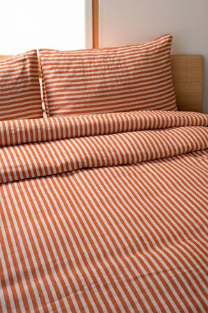 Turuncu Çizgili Keten Nevresim Yastık Seti   TEK KİŞİLİK 160x220 Cm