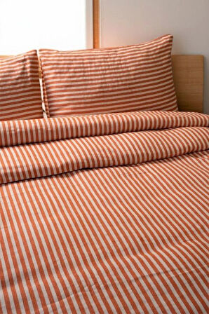 Turuncu Çizgili Keten Nevresim Yastık Seti   TEK KİŞİLİK 160x220 Cm
