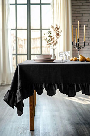 Buldan Keteni Fırfırlı Vintage  SİYAH Masa Örtüsü