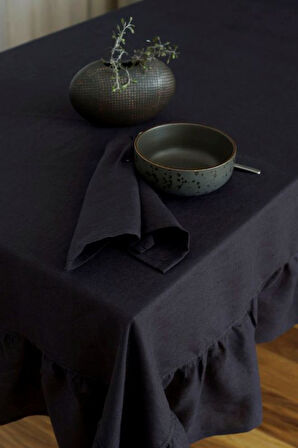 Buldan Keteni Fırfırlı Vintage  SİYAH Masa Örtüsü