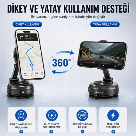Vakumlu Manyetik Araç Telefon Tutucu 360° Dönebilen Katlanabilir Torpido Üstü Telefon Standı Güçlü Mıknatıslı Sabitleme