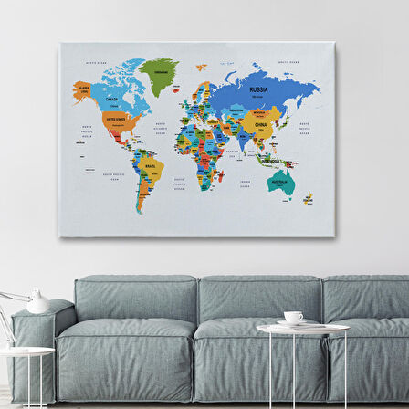 Harita Sepeti Dünya Haritası Dekoratif Kanvas Tablo Ülke ve Başkentli 1561