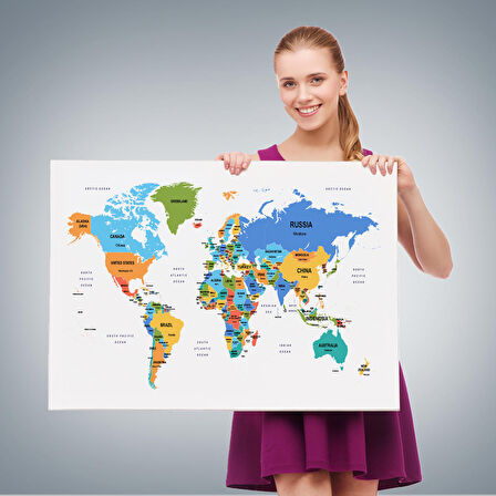 Harita Sepeti Dünya Haritası Dekoratif Kanvas Tablo Ülke ve Başkentli 1561