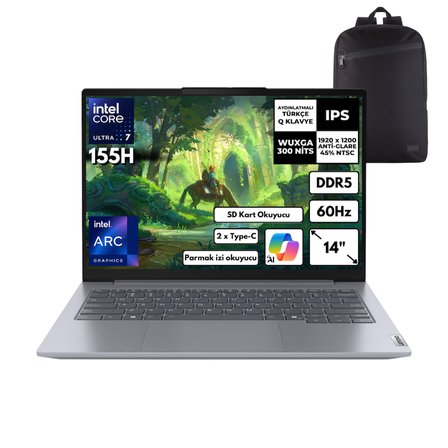 Lenovo Thinkbook 14 G7 Ultra 7-155H 64-GBDDR5 4 TBSSD Intel Arc Graphics 14" WUXGA Windows 11 Pro + HMF Sırt Çantası 21MR0050TRHMF39