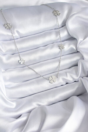 316L Çelik Zincir Gümüş Renk Yonca Model Kadın Kolye