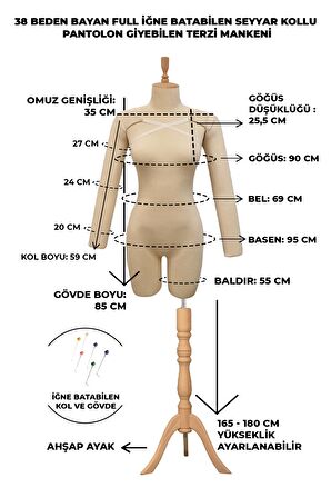 38 Beden Üst ve Alt Grup Pantolon Giyebilen Kollu İğne Batabilen Prova Mankeni Terzi Mankeni