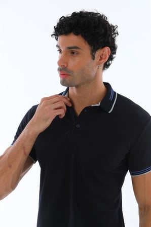 Erkek Lacivert Amerikan Pike Kumaş Polo Yaka Ribana Kısa Kollu T-Shirt - 134
