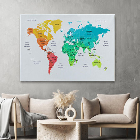 Harita Sepeti Türkçe Dünya Haritası Dekoratif Kanvas Tablo Ülke ve Başkentli 1562