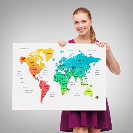 Harita Sepeti Türkçe Dünya Haritası Dekoratif Kanvas Tablo Ülke ve Başkentli 1562