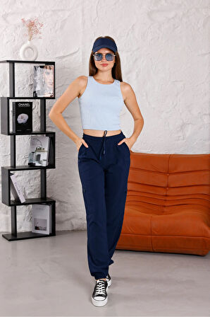 Kadın Açık Lacivert Yüksel Bel Lastikli Paça 4 Cepli Jogger Pantolon - 3070